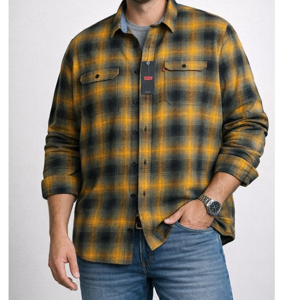 Levi’s Yellow Black Plaid Flannel Shirt Relaxed Fit Button Up Men’s XXL NWT - Picture 9 of 9